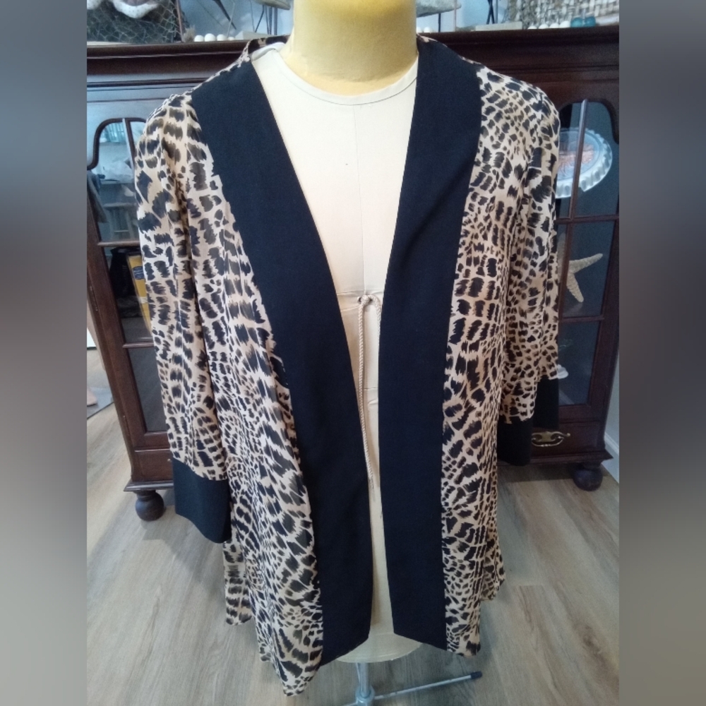 Studio I Plus Size 18W Leopard Print Open Front Cardigan w/ Black Trim